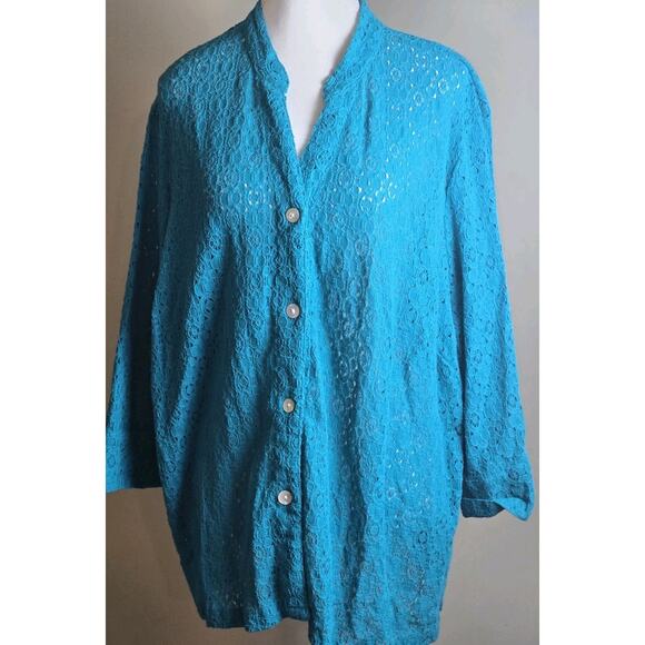 Ruby Rd Favorites Women's Blue Lace Button Up 3/4 Sleeve Shirt Top Size 20W Plus - Picture 1 of 6